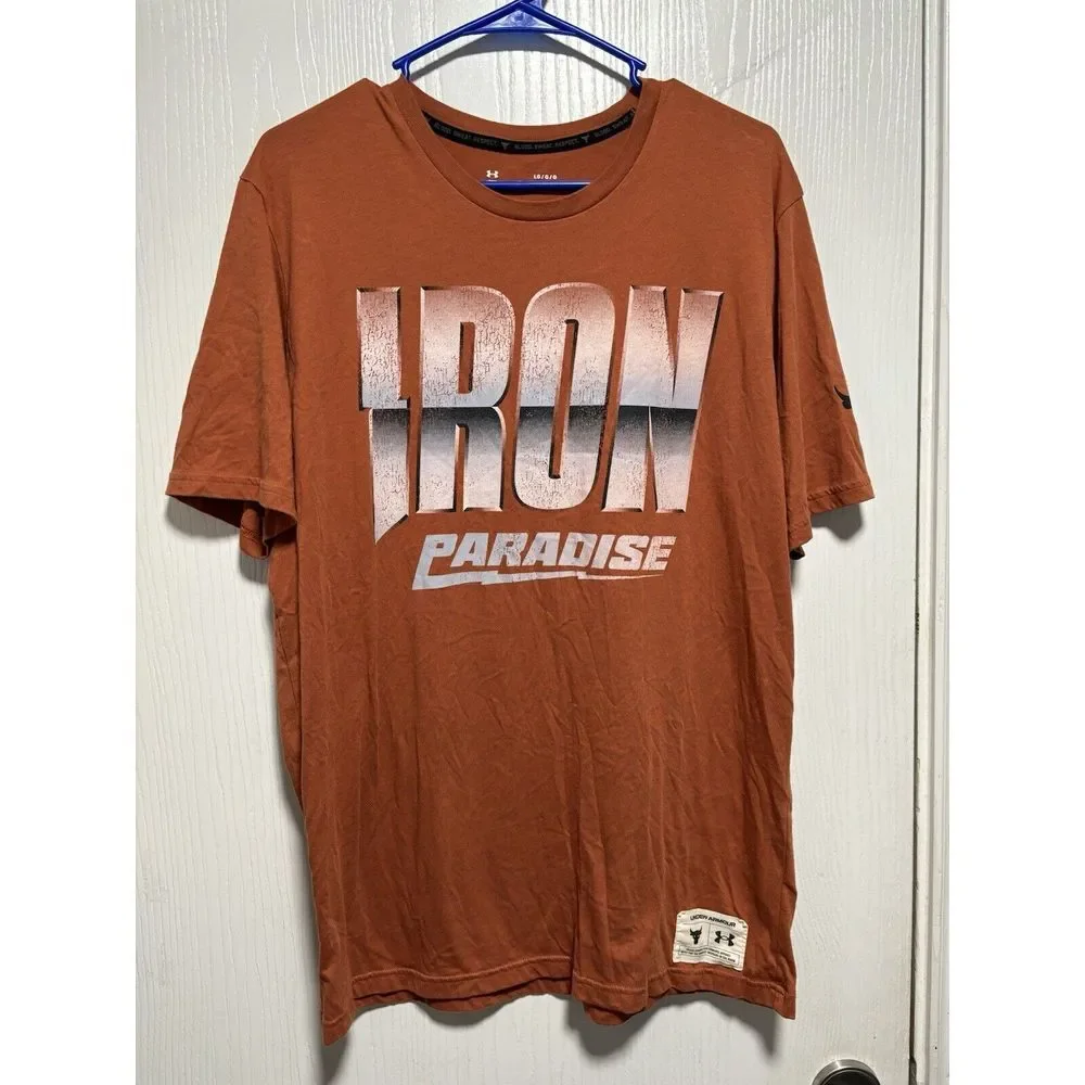 UA Project Rock Iron Paradise Training Dept Shirt Mens Large Orange Under Armour